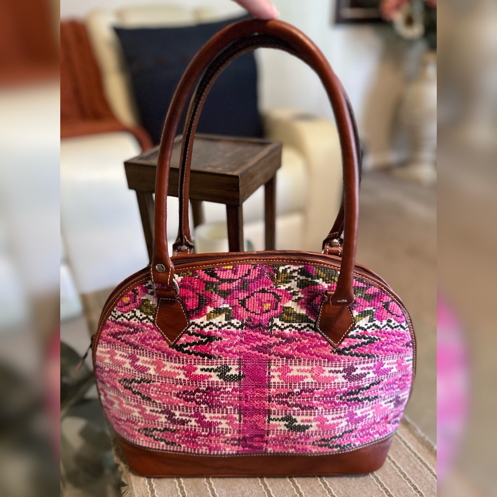 Leather Satchel w/ Pink Floral & Southwestern Pattern Embroidery
